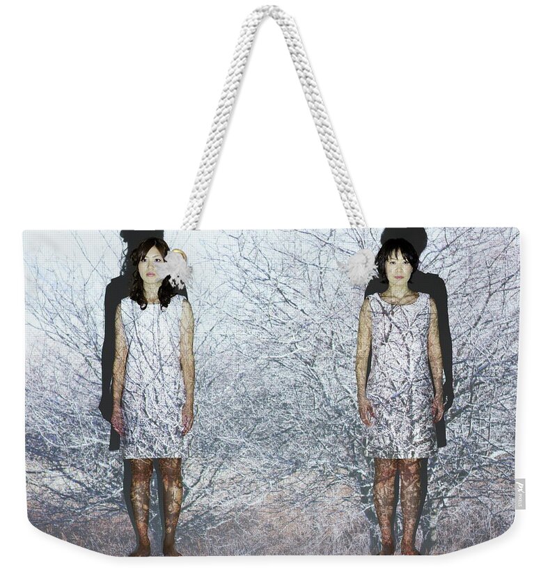 Nightie Weekender Tote Bag featuring the photograph Two Females Standing In Front Of Trees by Sot