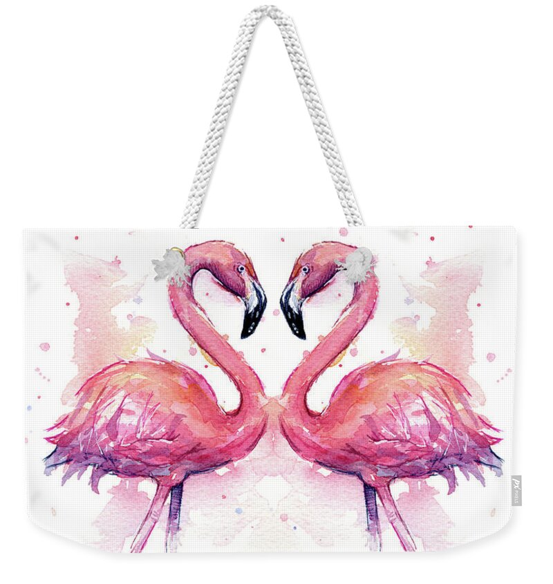 Flamingo Weekender Tote Bag featuring the painting Two Flamingos In Love Watercolor by Olga Shvartsur