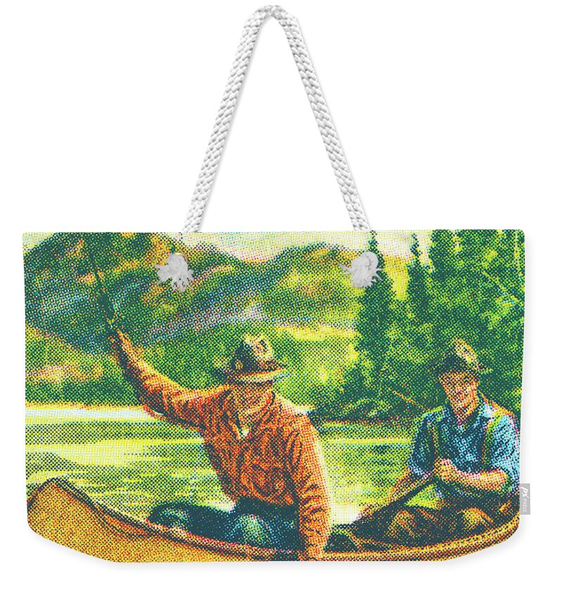 Two men fishing in a canoe Weekender Tote Bag by CSA Images - Fine