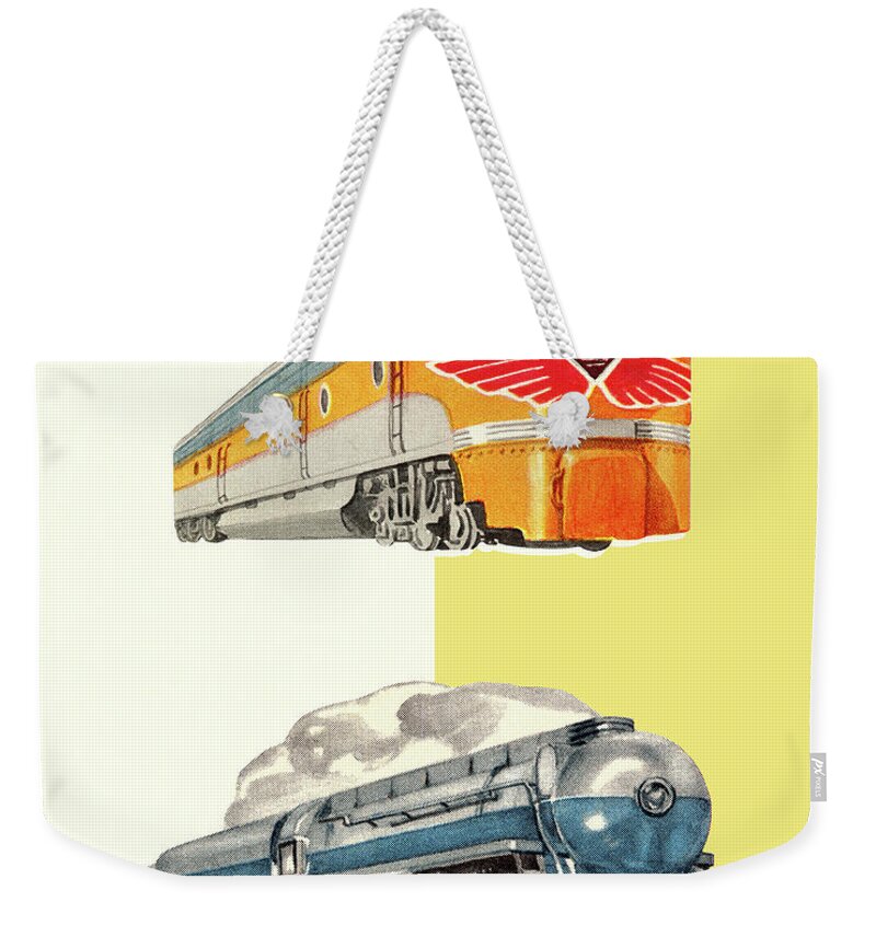 Campy Weekender Tote Bag featuring the drawing Two Railroad Engines by CSA Images