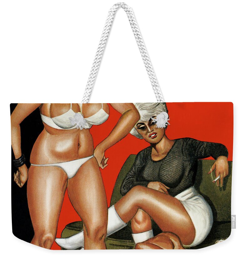 Adult Weekender Tote Bag featuring the drawing Two Women and a Scared Man by CSA Images