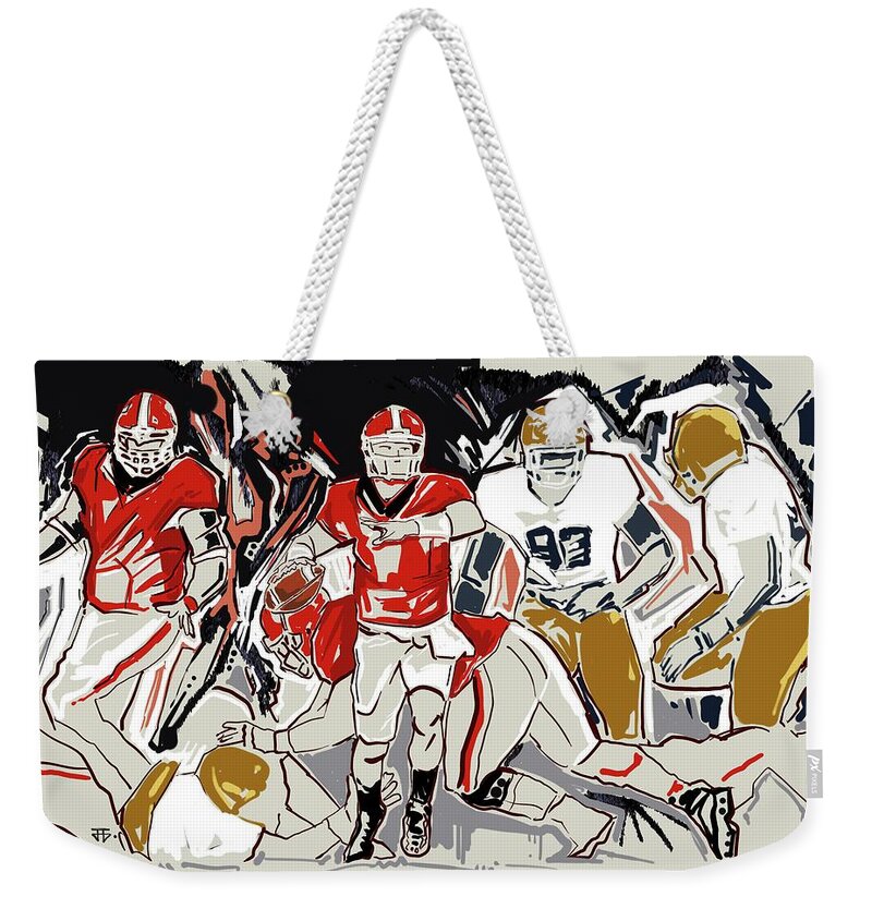 Uga Football Weekender Tote Bag featuring the painting UGA Notre Dame by John Gholson