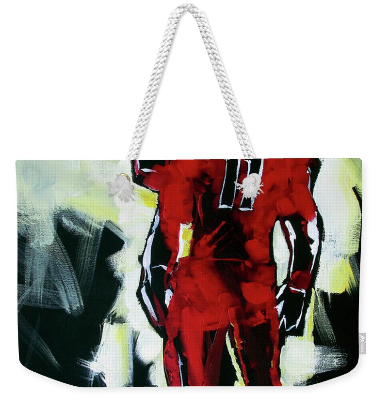 Uga Football Weekender Tote Bag featuring the painting UGA Thoughts by John Gholson