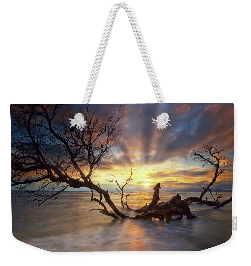 Maui Hawaii Sunset Seascape Ocean Dead Tree Weekender Tote Bag featuring the photograph Ukumehame Canyon by James Roemmling