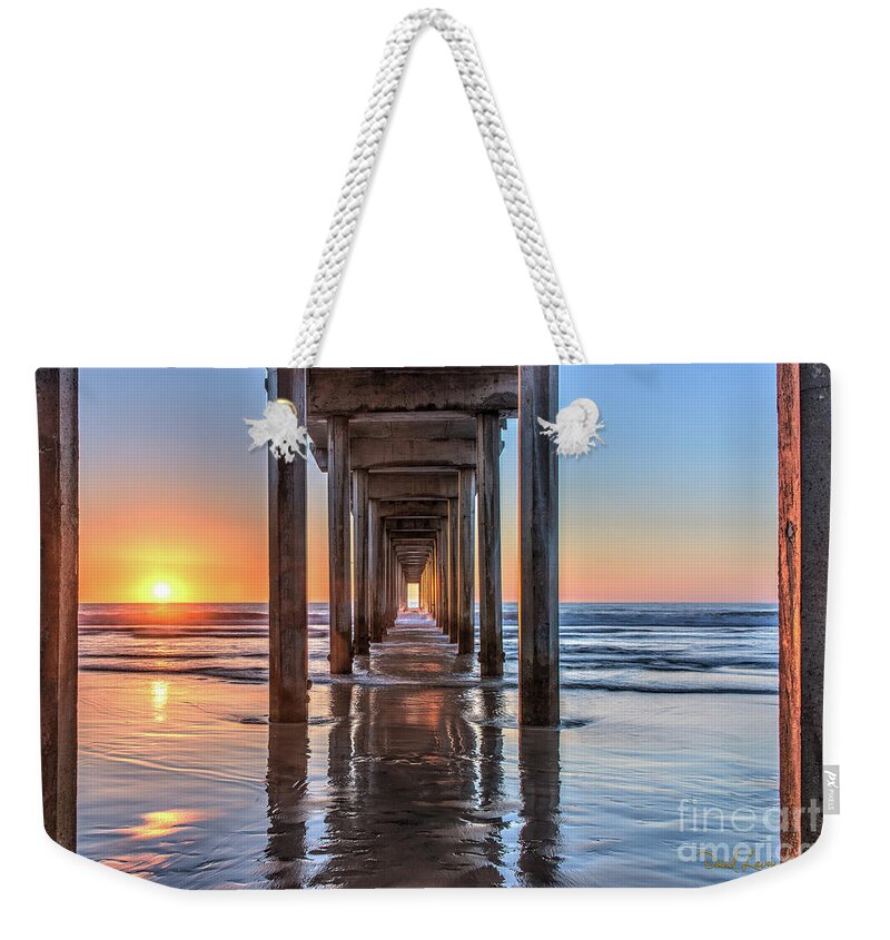 Beach Weekender Tote Bag featuring the photograph Under Scripps Pier at Sunset ..Autographed.. by David Levin