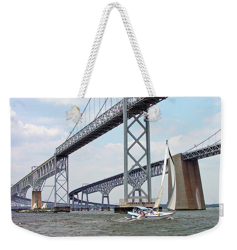 Sailing Weekender Tote Bag featuring the photograph Under the Bay Bridges by Minnie Gallman