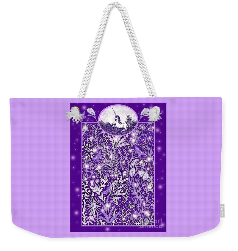 Unicorn Weekender Tote Bag featuring the digital art Unicorn Garden Design in Purple by Lise Winne