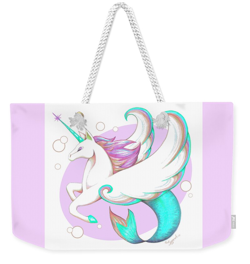 Unicorn Weekender Tote Bag featuring the drawing Unicorn of the Sea III by Sipporah Art and Illustration