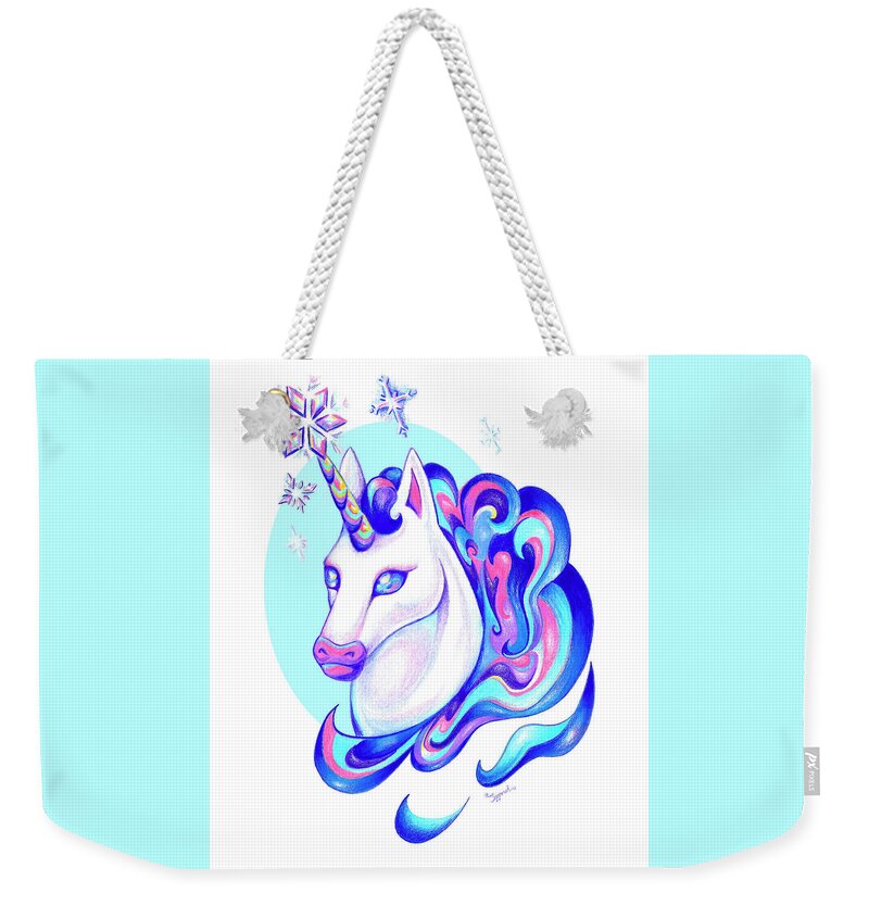 Unicorn Weekender Tote Bag featuring the drawing Unicorn Winter by Sipporah Art and Illustration