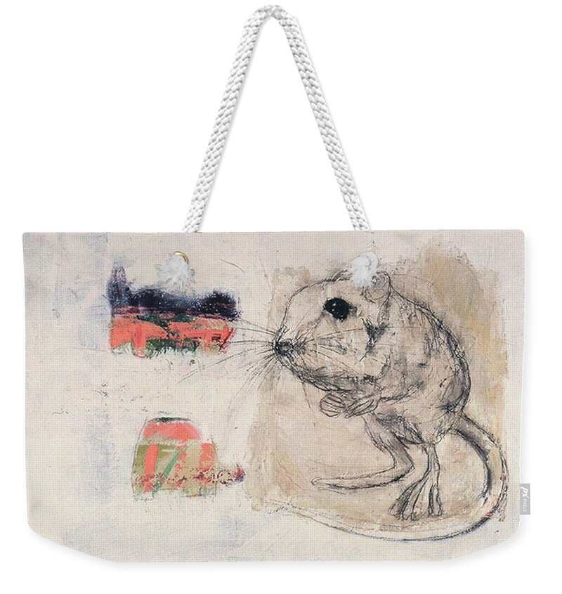 Mouse Weekender Tote Bag featuring the painting Uninvited Houseguest by Janet Zoya