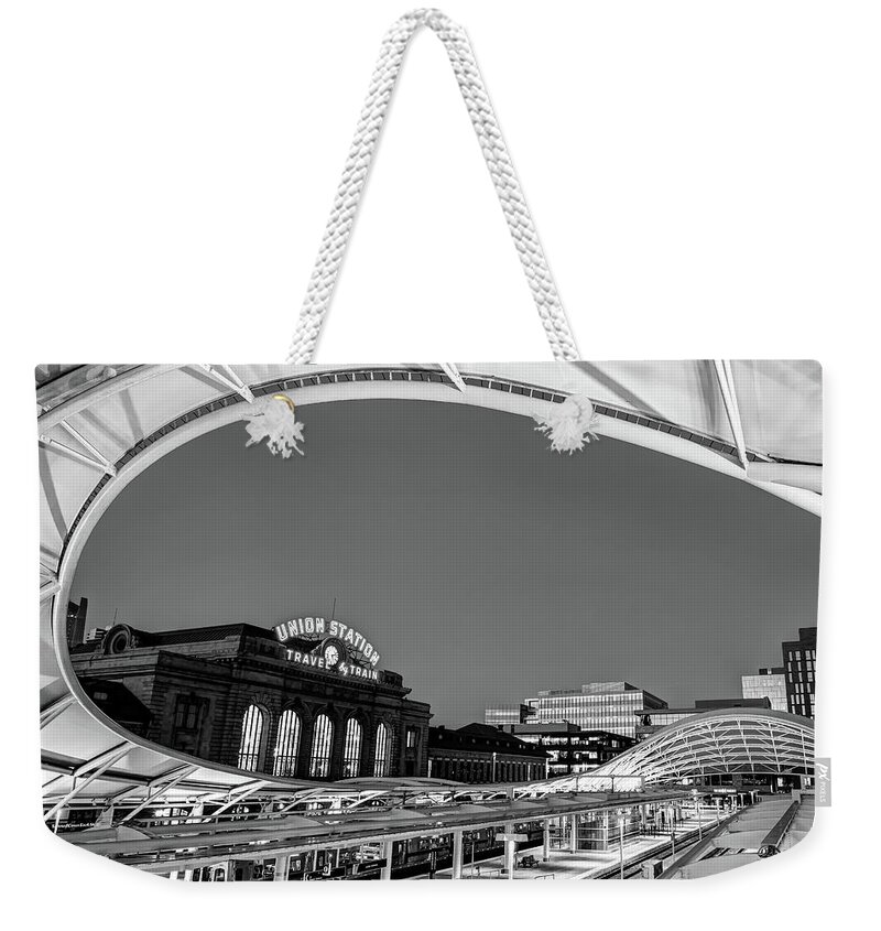 America Weekender Tote Bag featuring the photograph Union Station of Denver Colorado - Monochrome Decor by Gregory Ballos