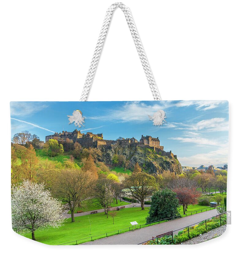 Estock Weekender Tote Bag featuring the digital art United Kingdom, Scotland, Edinburgh, Edinburgh Castle, Princes Street Gardens With Castle In The Background by Sebastian Wasek