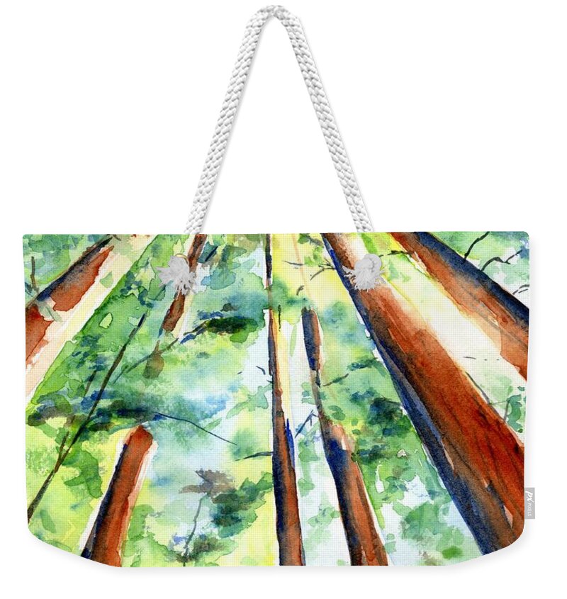 Trees Weekender Tote Bag featuring the painting Up through the Redwoods by Carlin Blahnik CarlinArtWatercolor