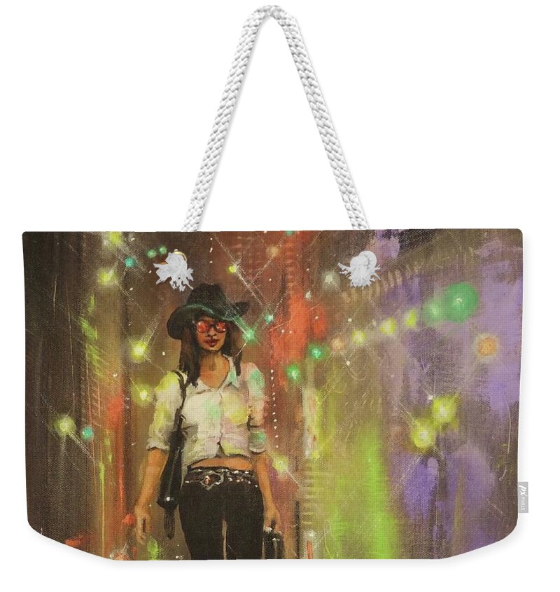 City At Night Weekender Tote Bag featuring the painting Urban Cowgirl by Tom Shropshire