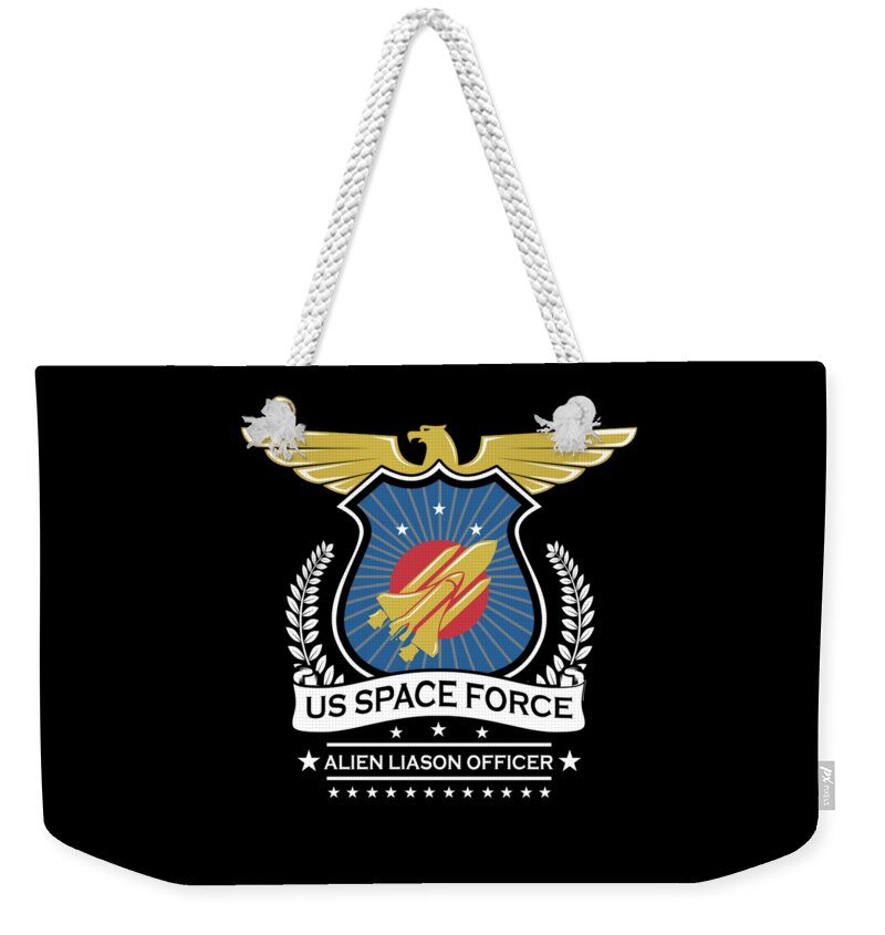 Space-force Weekender Tote Bag featuring the digital art US Space Force Crew Member Art Alien Liason Officer Dark by Nikita Goel