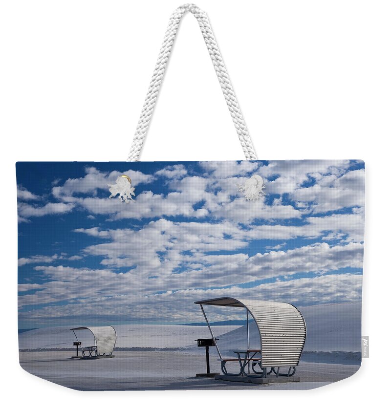 Scenics Weekender Tote Bag featuring the photograph Usa, New Mexico, Picnic Tables At White by Peter Adams