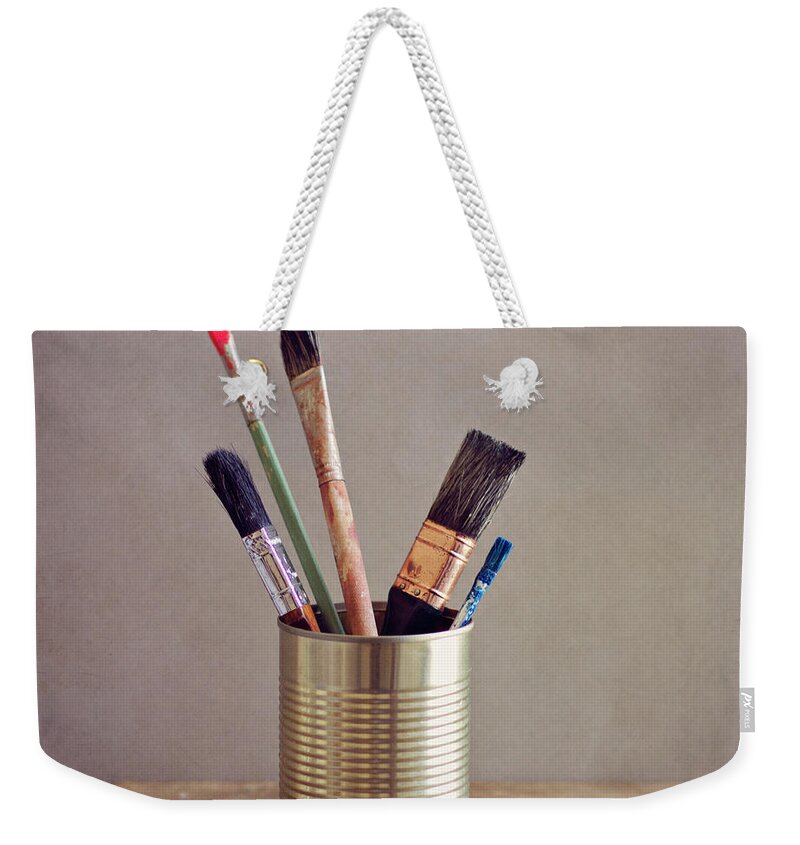 Art And Craft Weekender Tote Bag featuring the photograph Used Brushes With Paint In Can Jar by Copyright Anna Nemoy(xaomena)