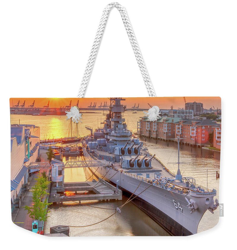 Donnatwifordphotography.com Weekender Tote Bag featuring the photograph USS Wisconsin at Sunset by Donna Twiford