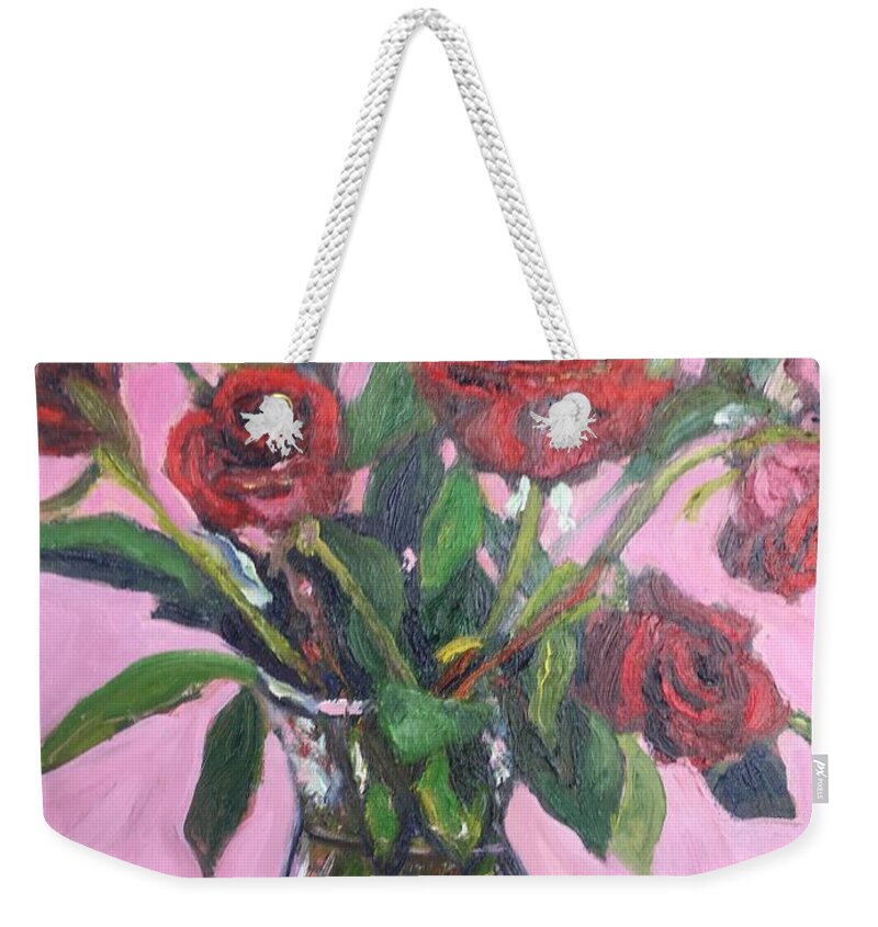 Roses. Still Life Weekender Tote Bag featuring the painting Valentine Roses by Beth Riso