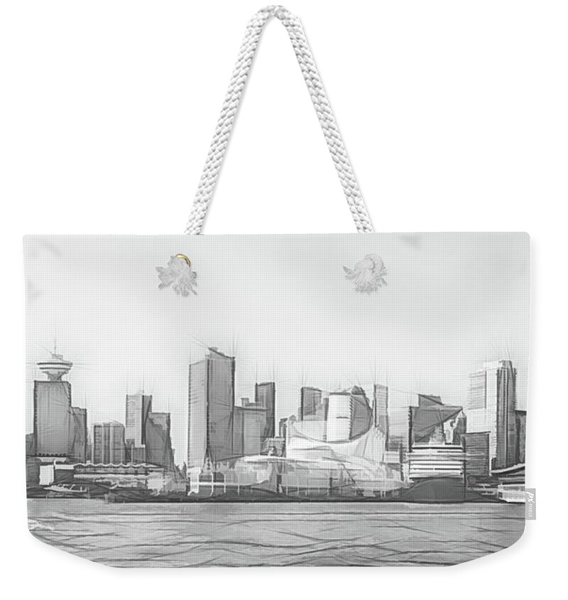 Canada Weekender Tote Bag featuring the digital art Vancouver Cruise Ship Port and Financial District Digital Sketch by Rick Deacon