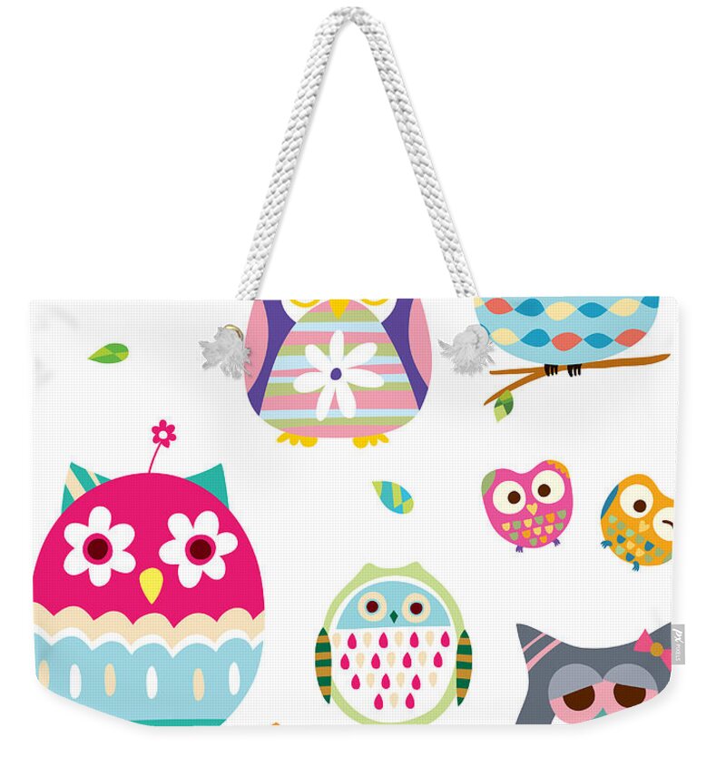 White Background Weekender Tote Bag featuring the digital art Various Owls by Eastnine Inc.