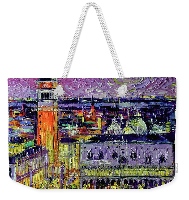 Moonlight Weekender Tote Bag featuring the painting Venice by Moonlight Palette Knife Oil Painting Mona Edulesco by Mona Edulesco