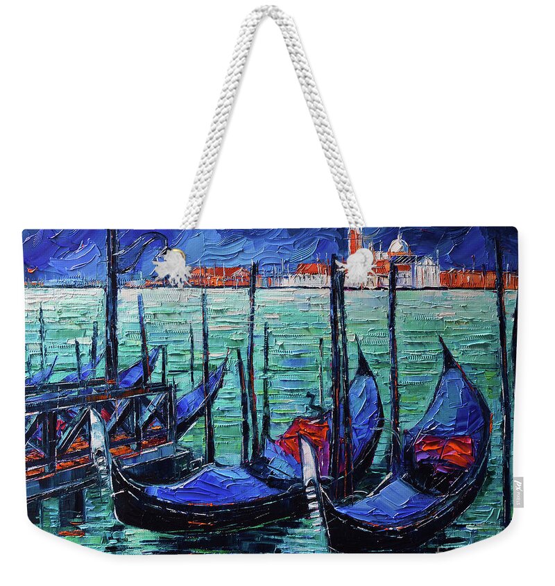 Venice Gondolas Weekender Tote Bag featuring the painting VENICE GONDOLAS modern textural impressionist palette knife oil painting Mona Edulesco by Mona Edulesco