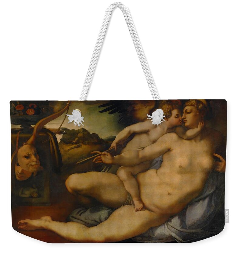 Amoretto Weekender Tote Bag featuring the painting Venus and Amor, after Michelangelo,1532-34. Wood,127 x 191 cm Inv.1535. by Jacopo Carucci -1494-1557-