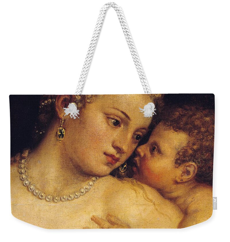 Titian Weekender Tote Bag featuring the painting Venus Delighting Herself With Love And Music, 1545, Detail by Titian