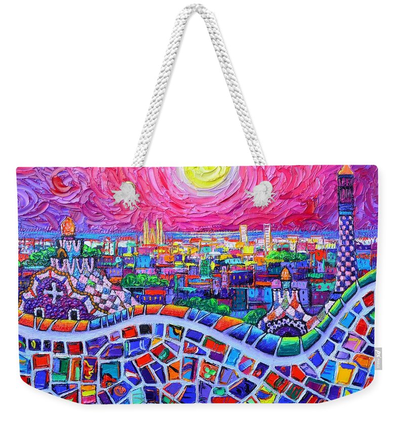Barcelona Weekender Tote Bag featuring the painting VIBRANT BARCELONA NIGHT VIEW FROM PARK GUELL modern impressionism knife painting Ana Maria Edulescu by Ana Maria Edulescu