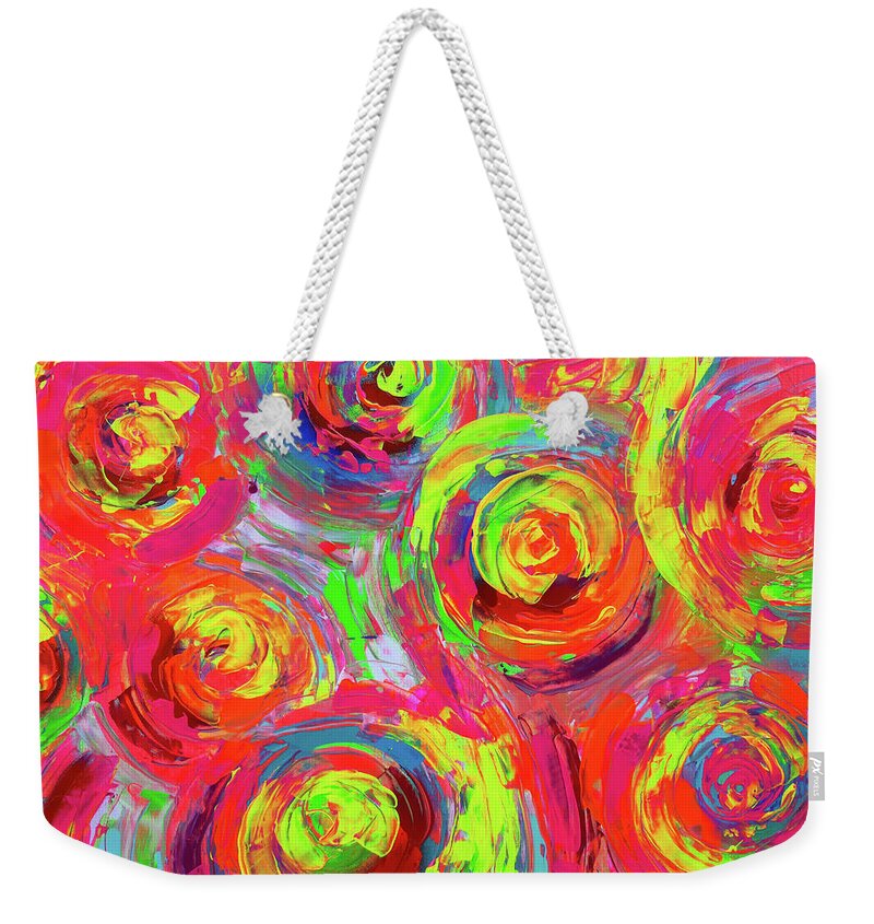 Abstract Weekender Tote Bag featuring the painting Vibrant Colourful Textured Relief Abstract Painting - Detail from Gypsy Dance 11 by Tiberiu Soos