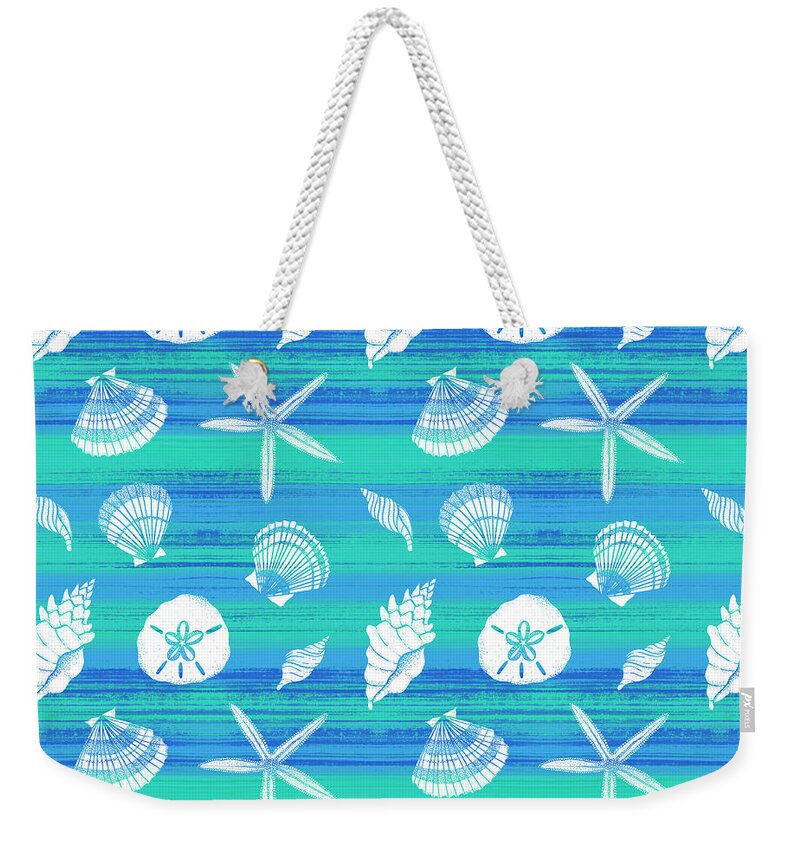 Pattern Weekender Tote Bag featuring the painting Vibrant Seashell Pattern Tan Teal Background by Jen Montgomery