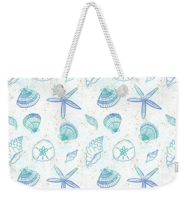 Pattern Weekender Tote Bag featuring the painting Vibrant Seashell Pattern White Background by Jen Montgomery