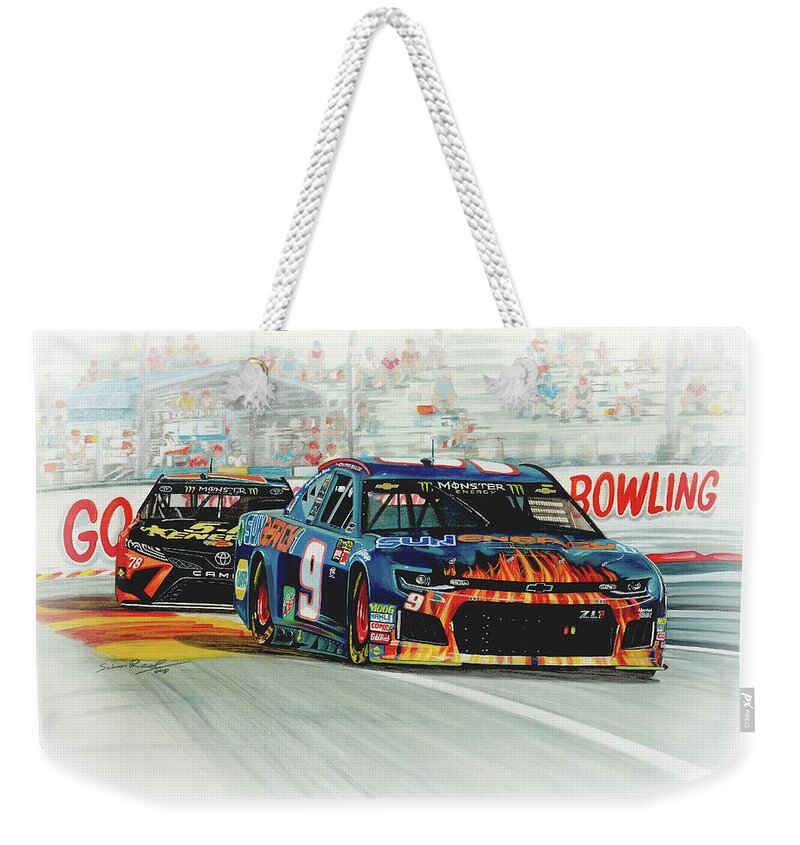 Watercolour Weekender Tote Bag featuring the painting Victory At The Glen by Simon Read