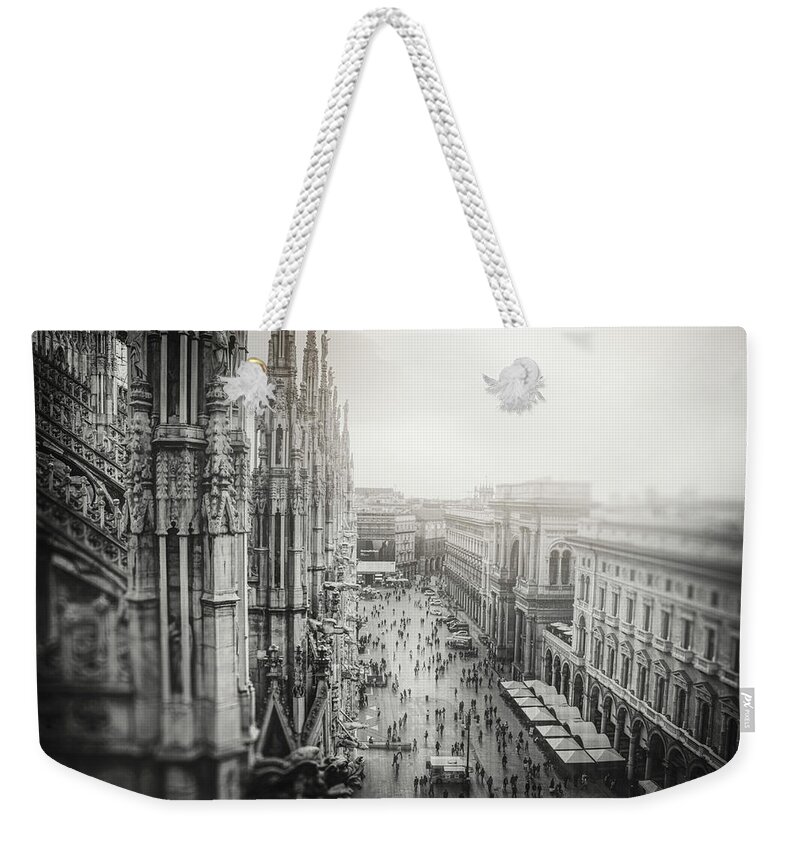 Milan Weekender Tote Bag featuring the photograph View From The Duomo Rooftop Milan Italy Black and White by Carol Japp