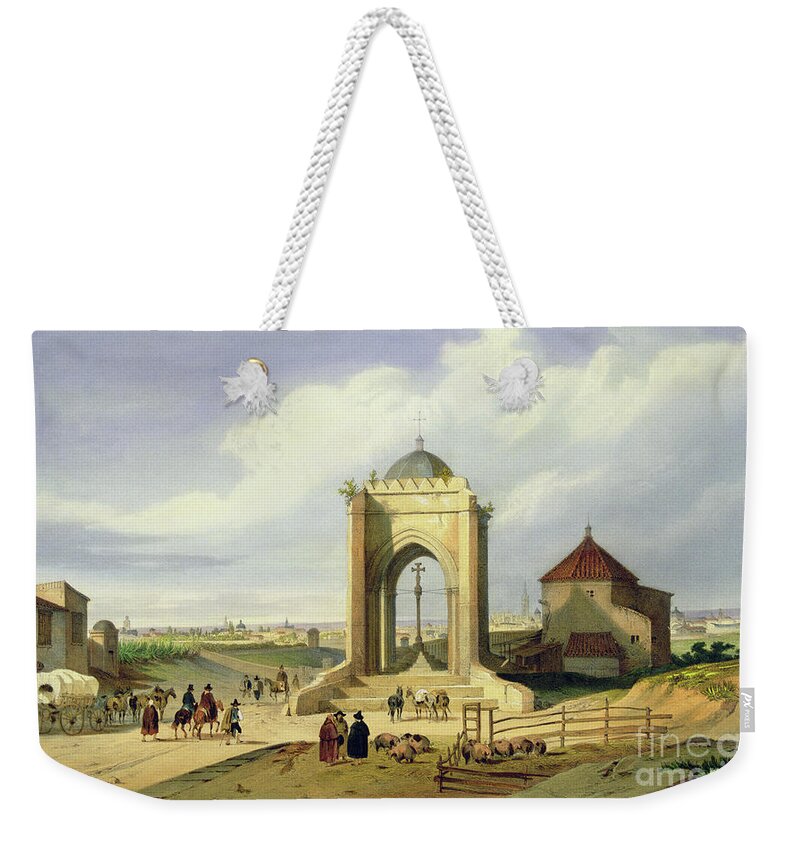 Spanish Weekender Tote Bag featuring the painting View Of The City Of Seville From The Cruz Del Campo by Spanish School