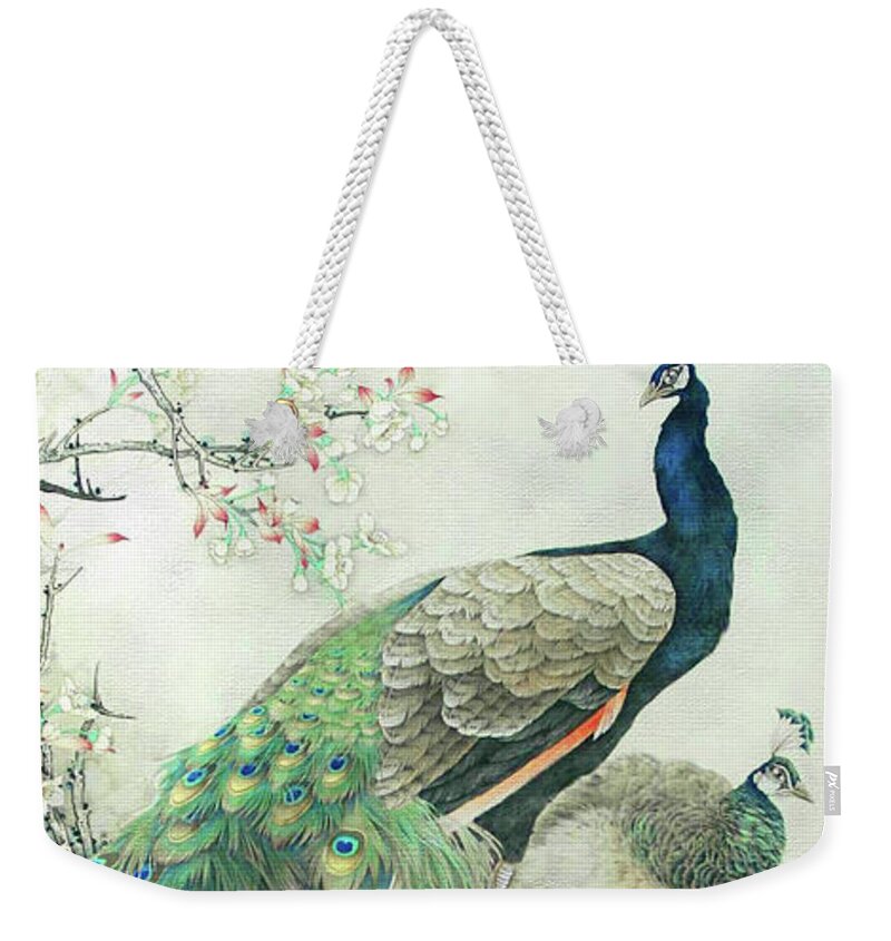 Vintage Weekender Tote Bag featuring the painting Vintage Art - Pair of Peacocks in tree by Audrey Jeanne Roberts