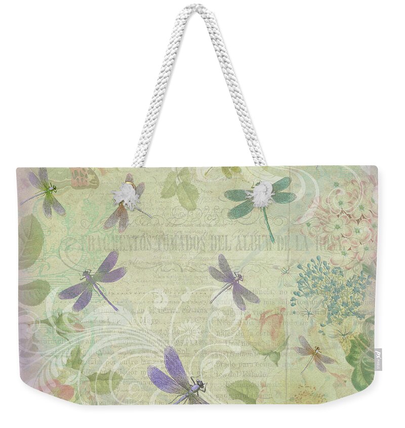 Botanical Weekender Tote Bag featuring the mixed media Vintage Botanical Illustrations and Dragonflies by Peggy Collins