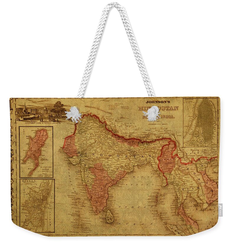 Vintage Weekender Tote Bag featuring the mixed media Vintage Map of India 1862 by Design Turnpike