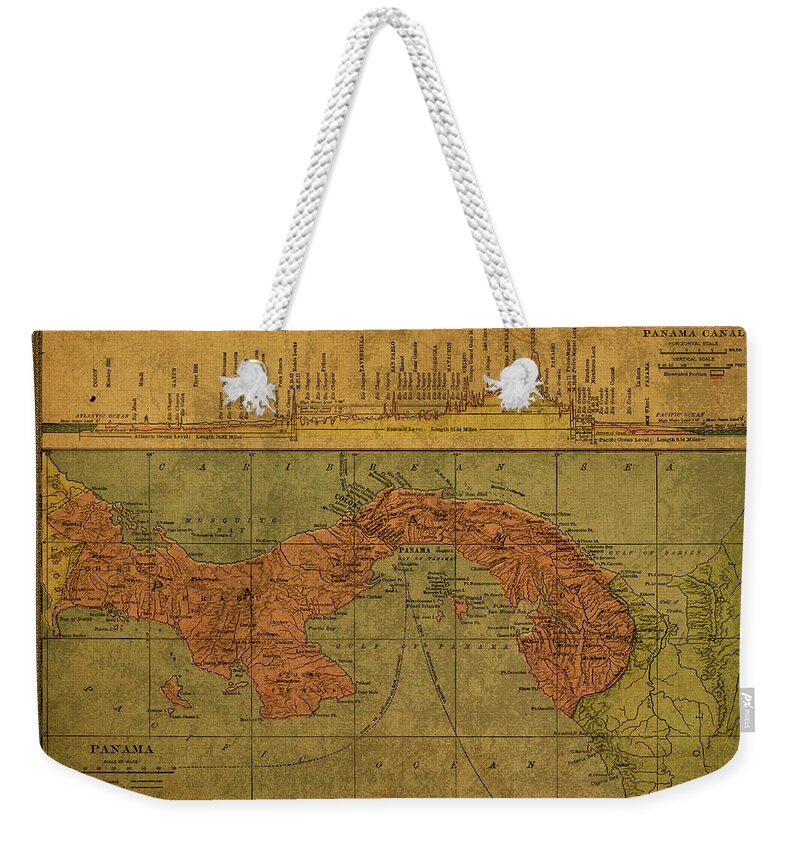 Vintage Weekender Tote Bag featuring the mixed media Vintage Map of Panama Canal 1904 by Design Turnpike