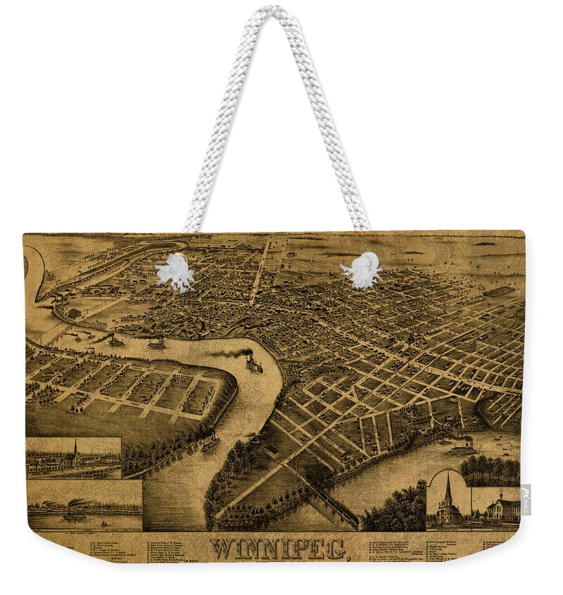Vintage Weekender Tote Bag featuring the mixed media Vintage Map of Winnipeg Canada 1881 by Design Turnpike