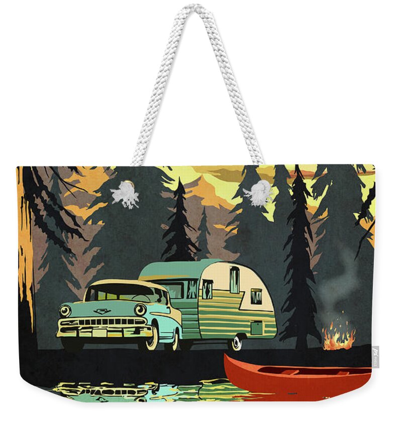 Retro Travel Art Weekender Tote Bag featuring the digital art Vintage Shasta Camper by Sassan Filsoof