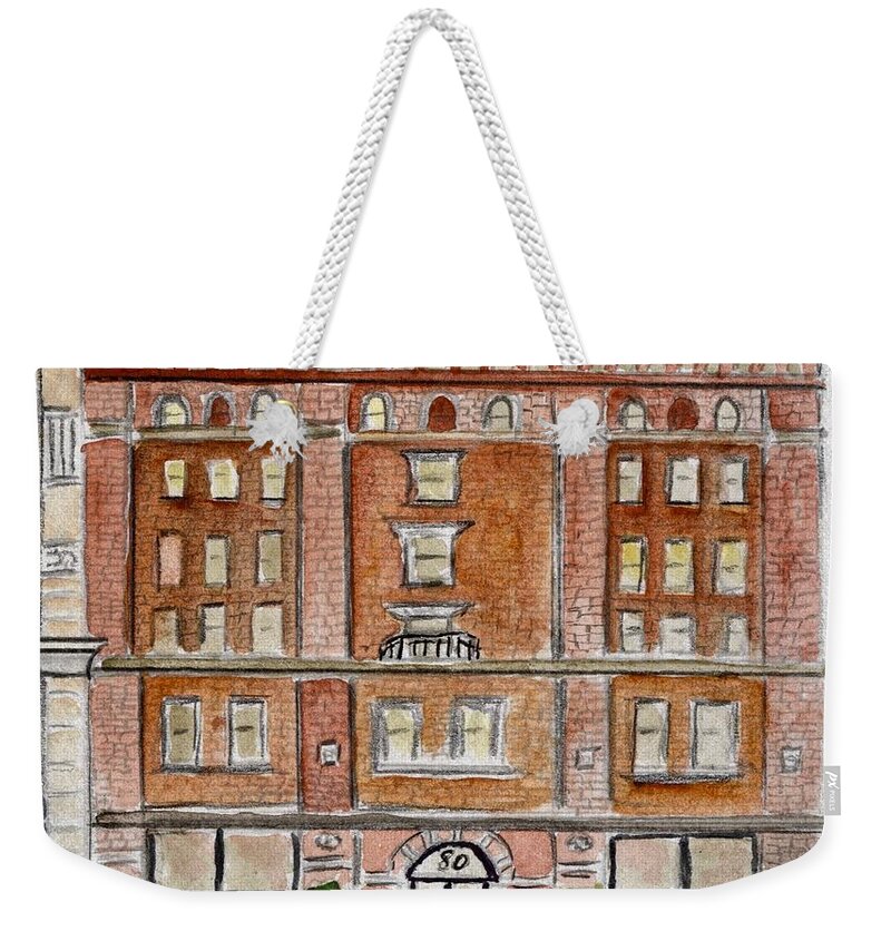 Nyu Weekender Tote Bag featuring the painting Virginia and Muriel Pless Bldg at NYU by Afinelyne