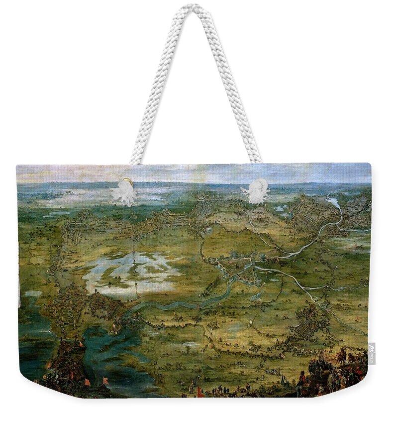 Pieter Snayers Weekender Tote Bag featuring the painting 'Vista caballera del Sitio de Breda', First half 17th century, Flemish School, Oi... by Pieter Snayers -1592-1667-