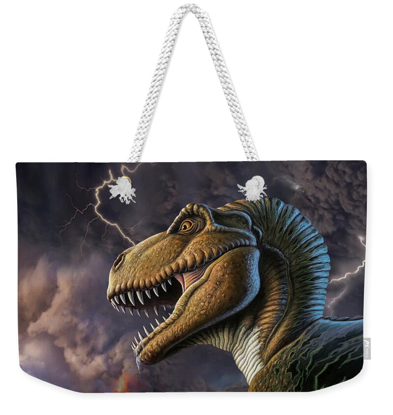T-rex Weekender Tote Bag featuring the mixed media Volcano Rex by Jerry LoFaro