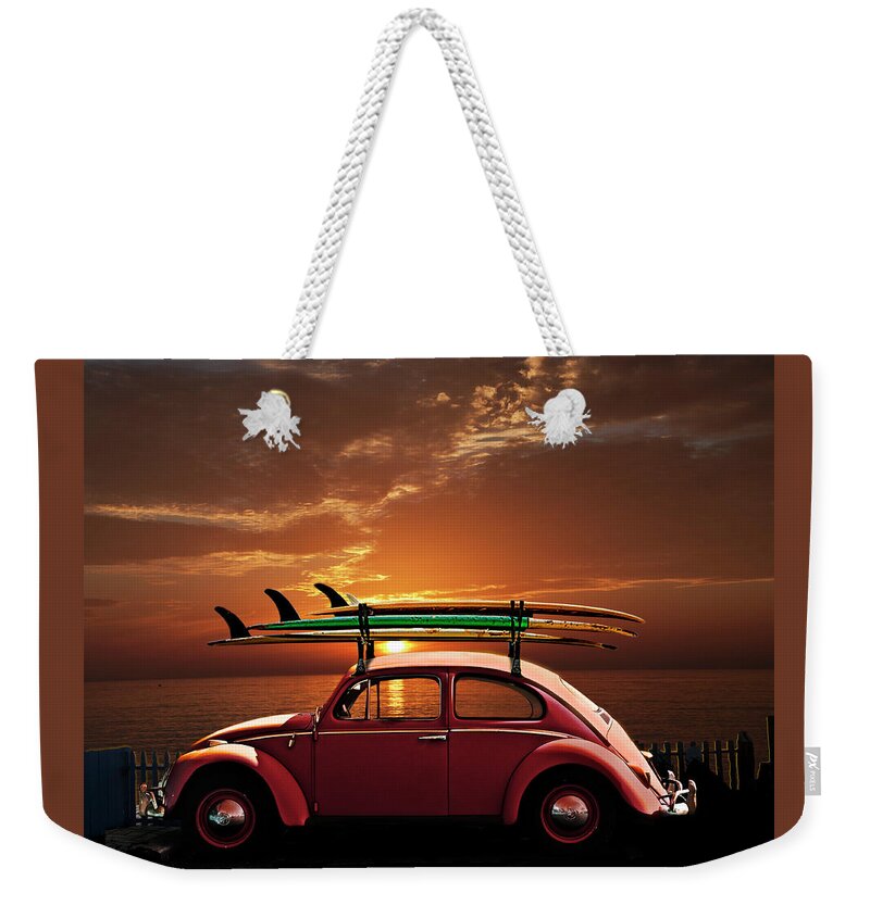 Volkswagen Weekender Tote Bag featuring the photograph Volkswagen Beetle With Surfboards At Sunset by Larry Butterworth