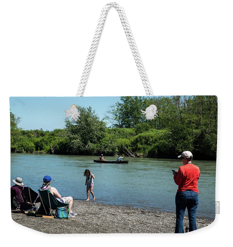 Wader Canoeists Race Watchers Weekender Tote Bag featuring the photograph Wader Canoeists Race Watchers by Tom Cochran