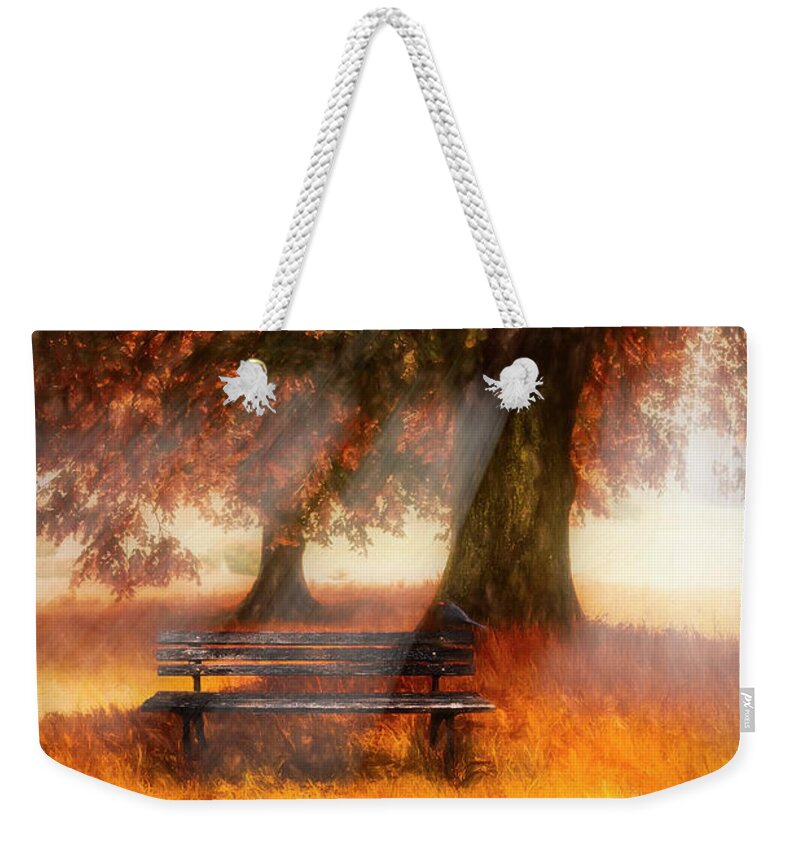 Fall Weekender Tote Bag featuring the photograph Waiting for You in Autumn Mists by Debra and Dave Vanderlaan