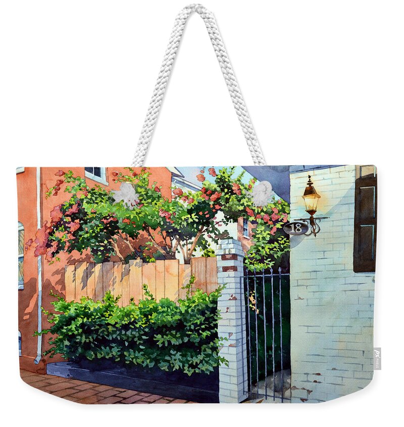 #landscape #cityscape #floweringcourtyard #watercolor #rustic #brick #americana Weekender Tote Bag featuring the painting Walking on Jefferson by Mick Williams