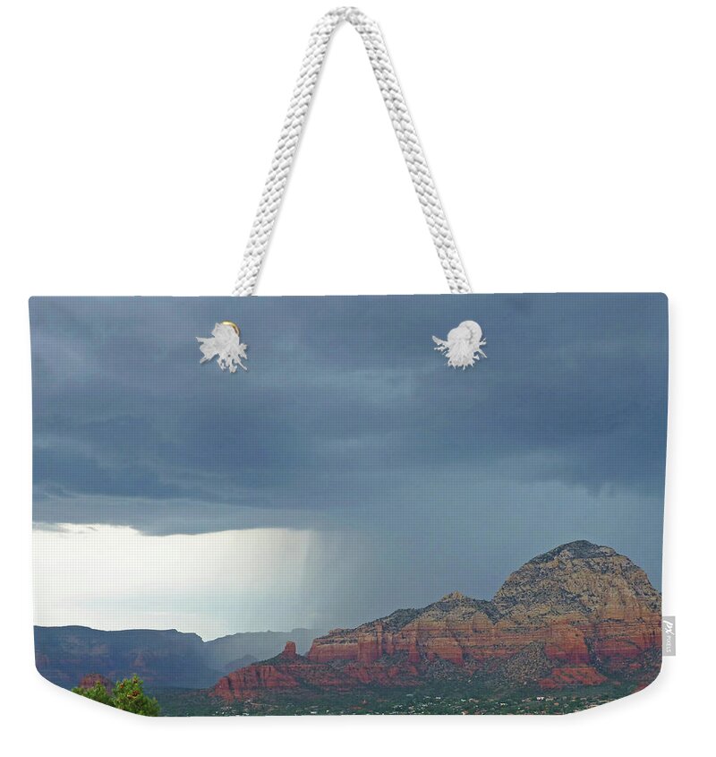 Sedona Weekender Tote Bag featuring the photograph Wall of Rain over Sedona AZ Red Rock by Toby McGuire